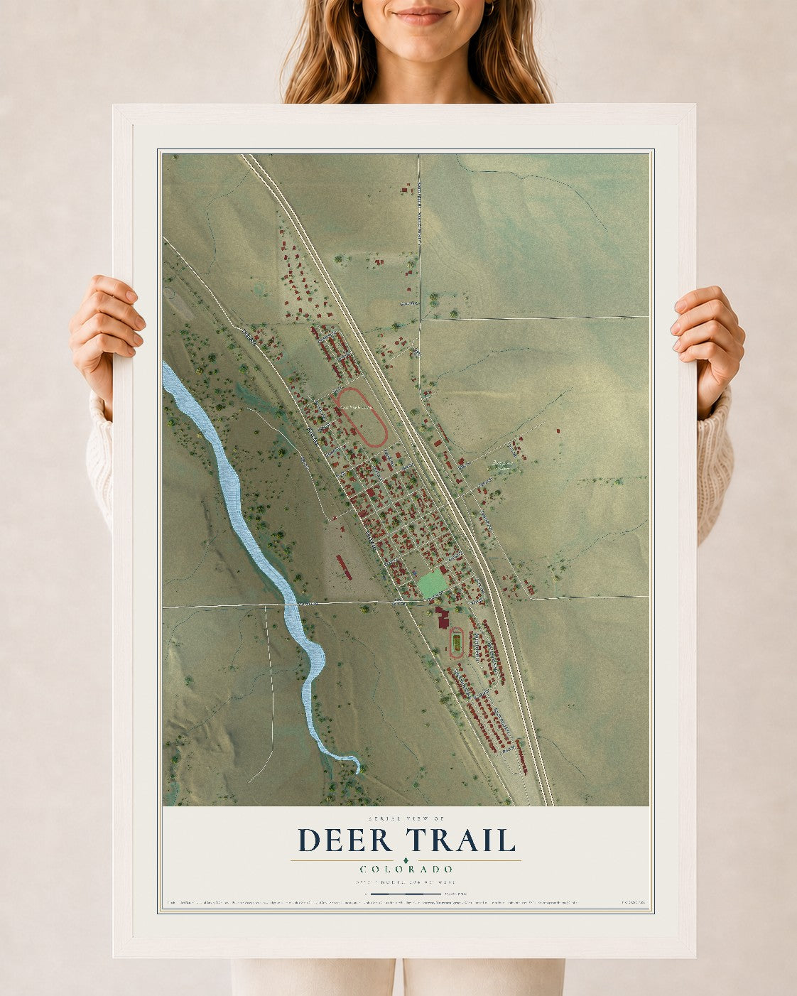 Map of Deer Trail, Colorado, 24 x 36 inch print in a white wood frame