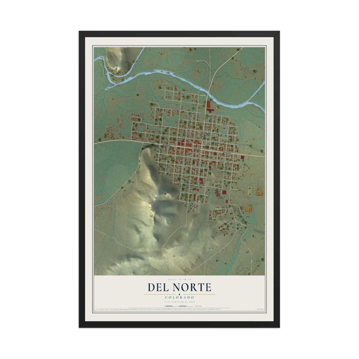 Map of Del Norte, Colorado, 12 x 18 inch print in a black wood frame