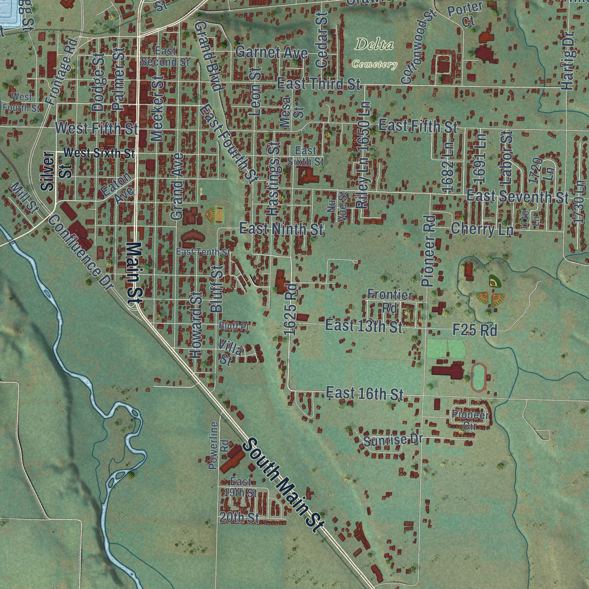 Close-up of the map of Delta, Colorado print showing street and building detail
