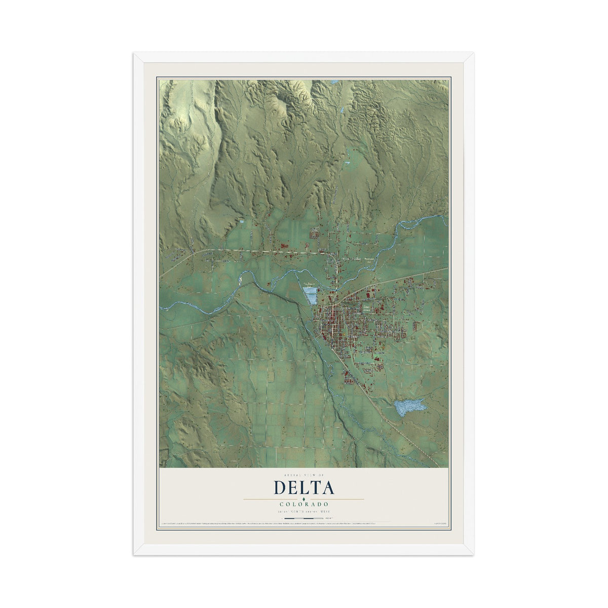 Map of Delta, Colorado, 12 x 18 inch print in a white wood frame
