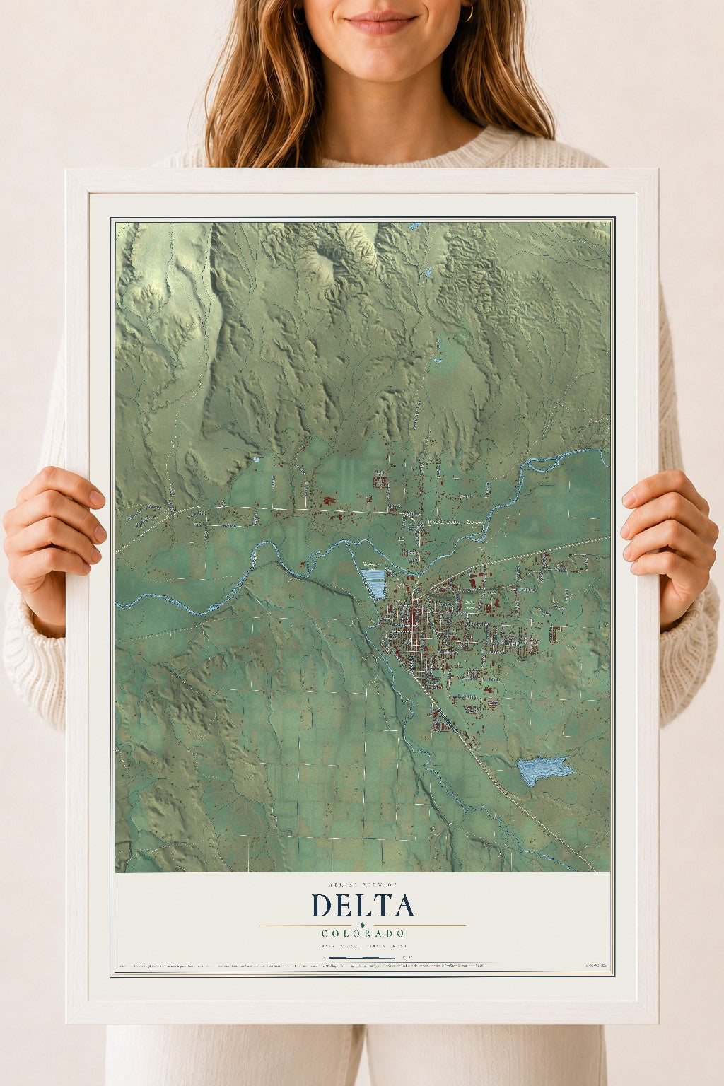 Map of Delta, Colorado, 18 x 24 inch print in a white wood frame