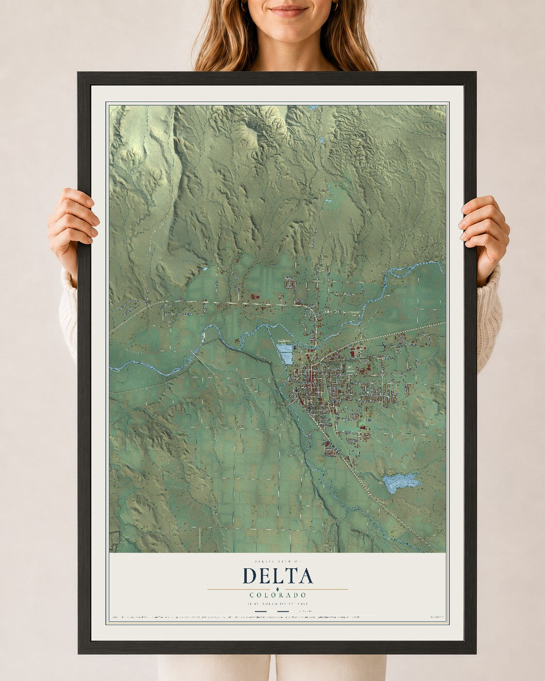 Map of Delta, Colorado, 24 x 36 inch print in a black wood frame