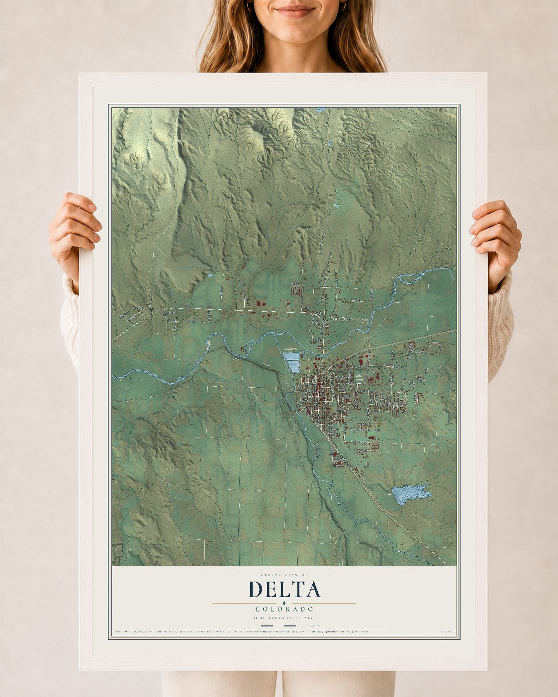 Map of Delta, Colorado, 24 x 36 inch print in a white wood frame