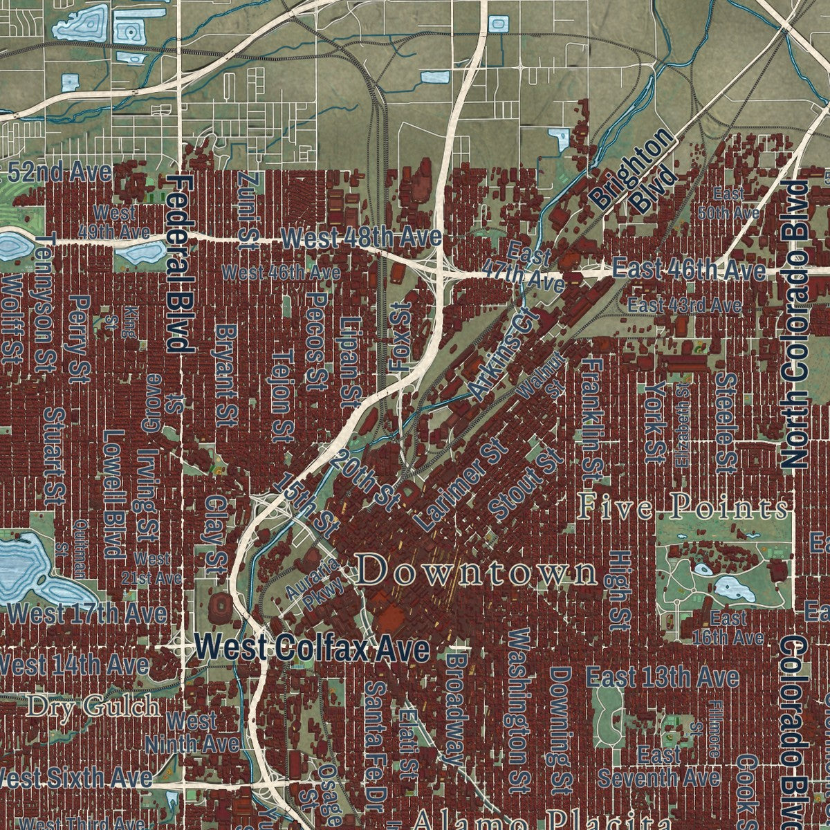 Close-up of the map of Denver, Colorado print showing street and building detail