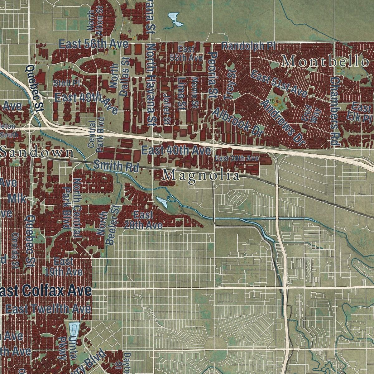 Second close-up of the map of Denver, Colorado print showing more streets and buildings