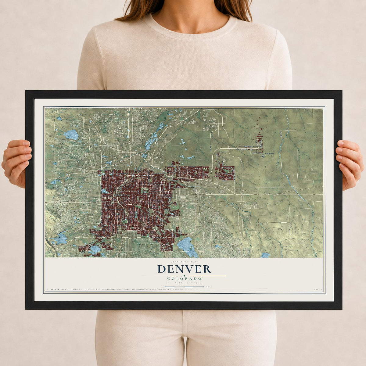 Map of Denver, Colorado, 12 x 18 inch print in a black wood frame