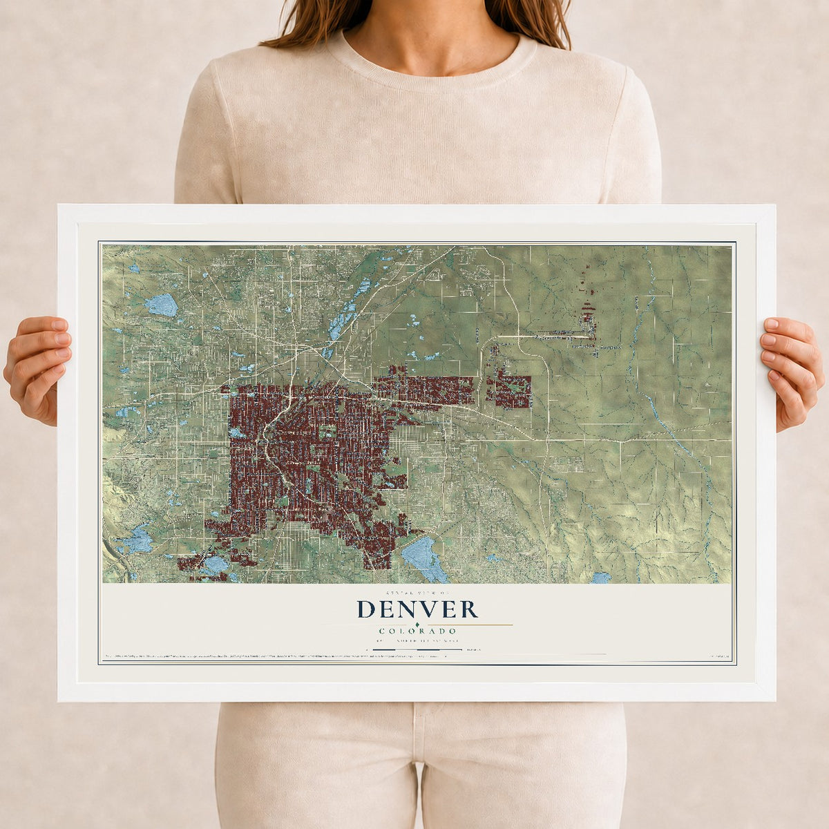 Map of Denver, Colorado, 12 x 18 inch print in a white wood frame
