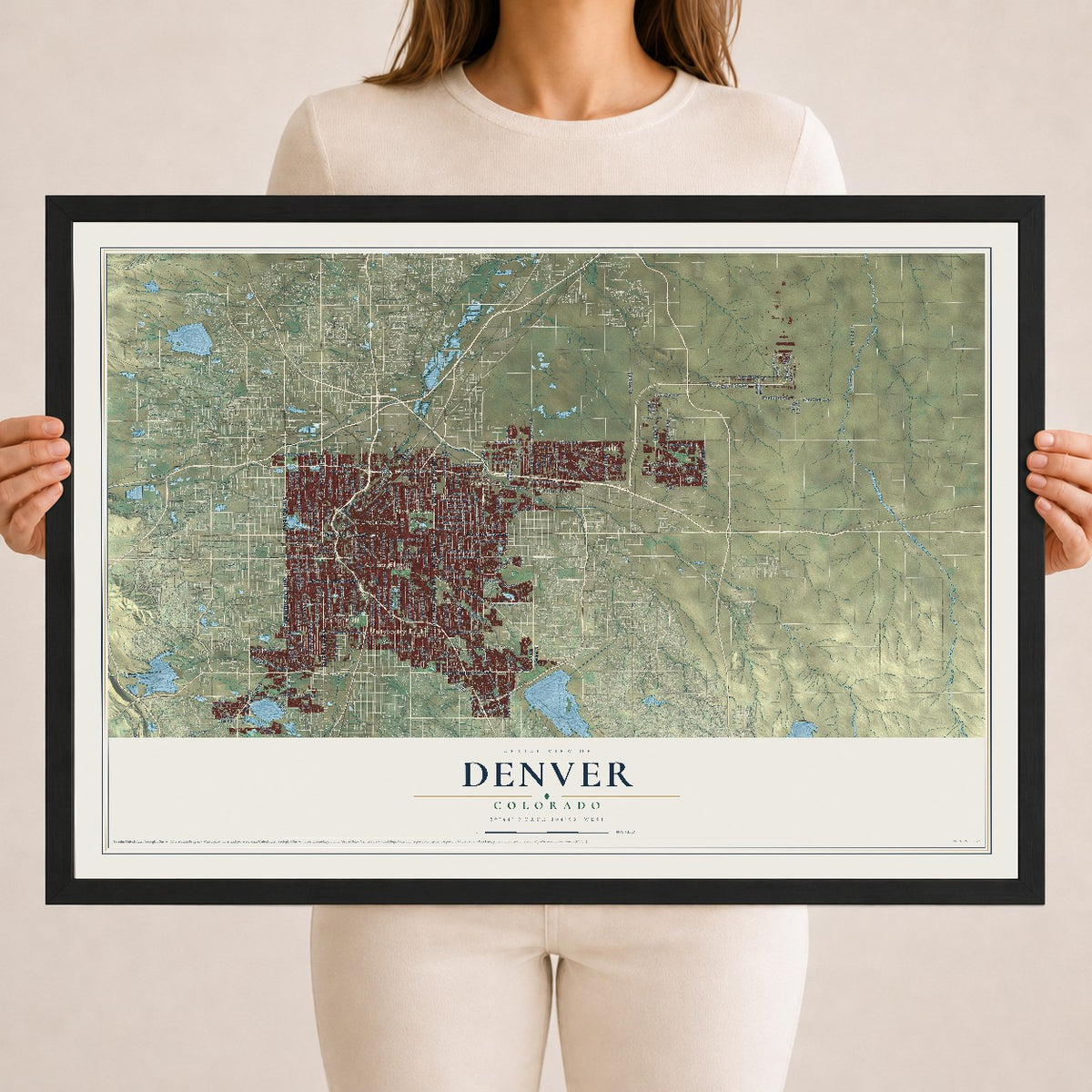 Map of Denver, Colorado, 18 x 24 inch print in a black wood frame