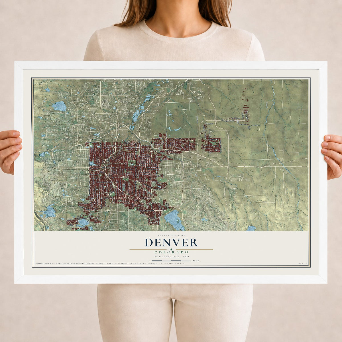 Map of Denver, Colorado, 18 x 24 inch print in a white wood frame