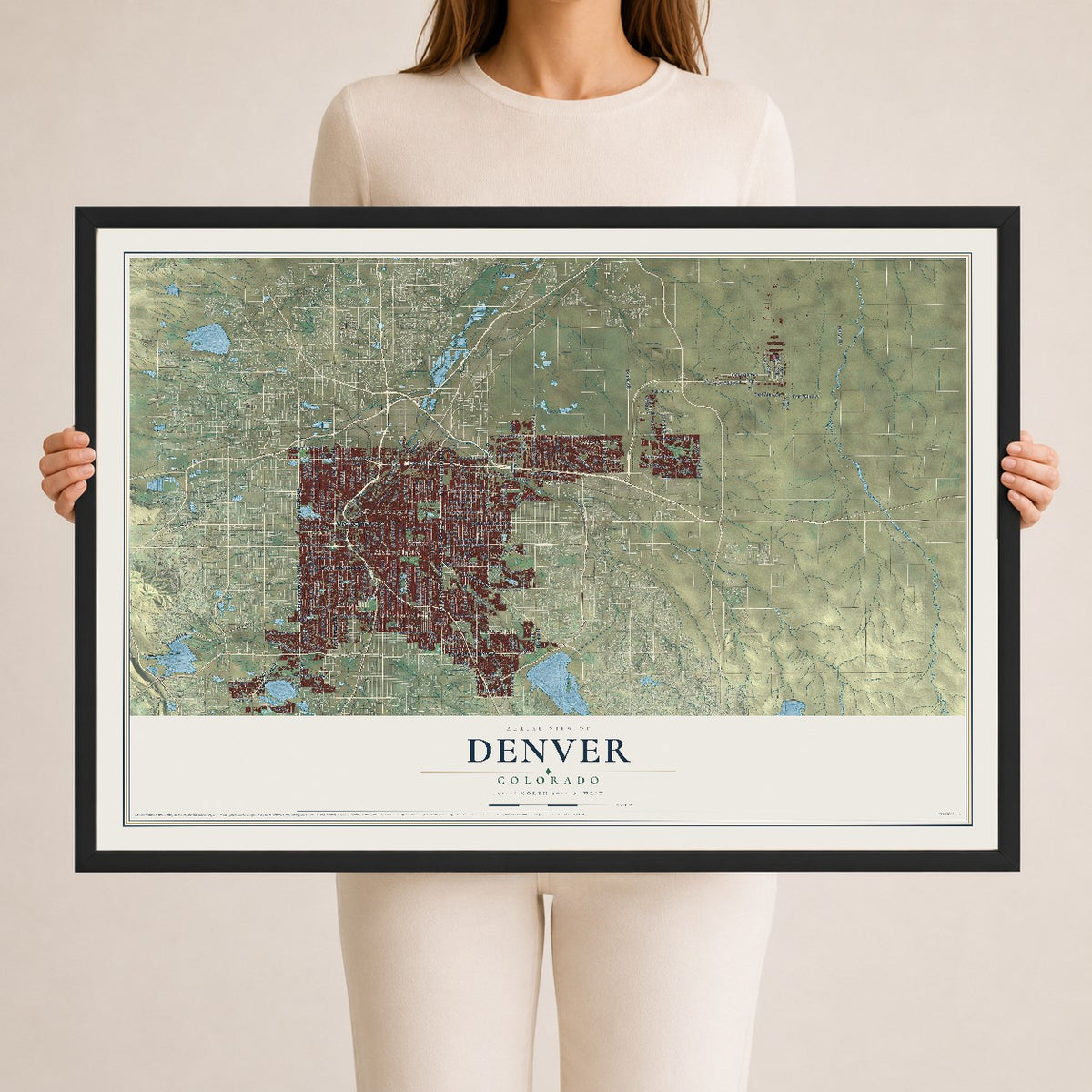 Map of Denver, Colorado, 24 x 36 inch print in a black wood frame