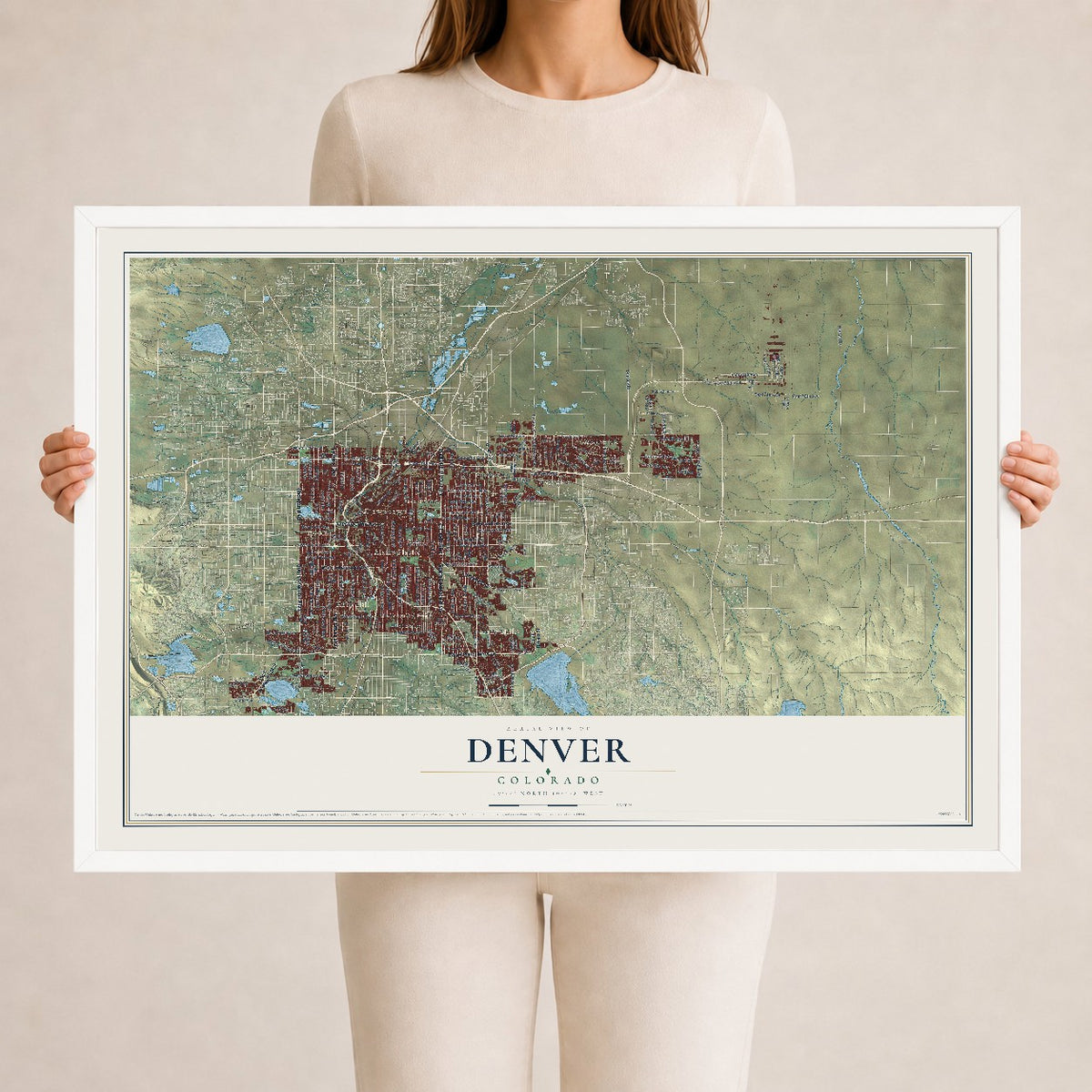 Map of Denver, Colorado, 24 x 36 inch print in a white wood frame