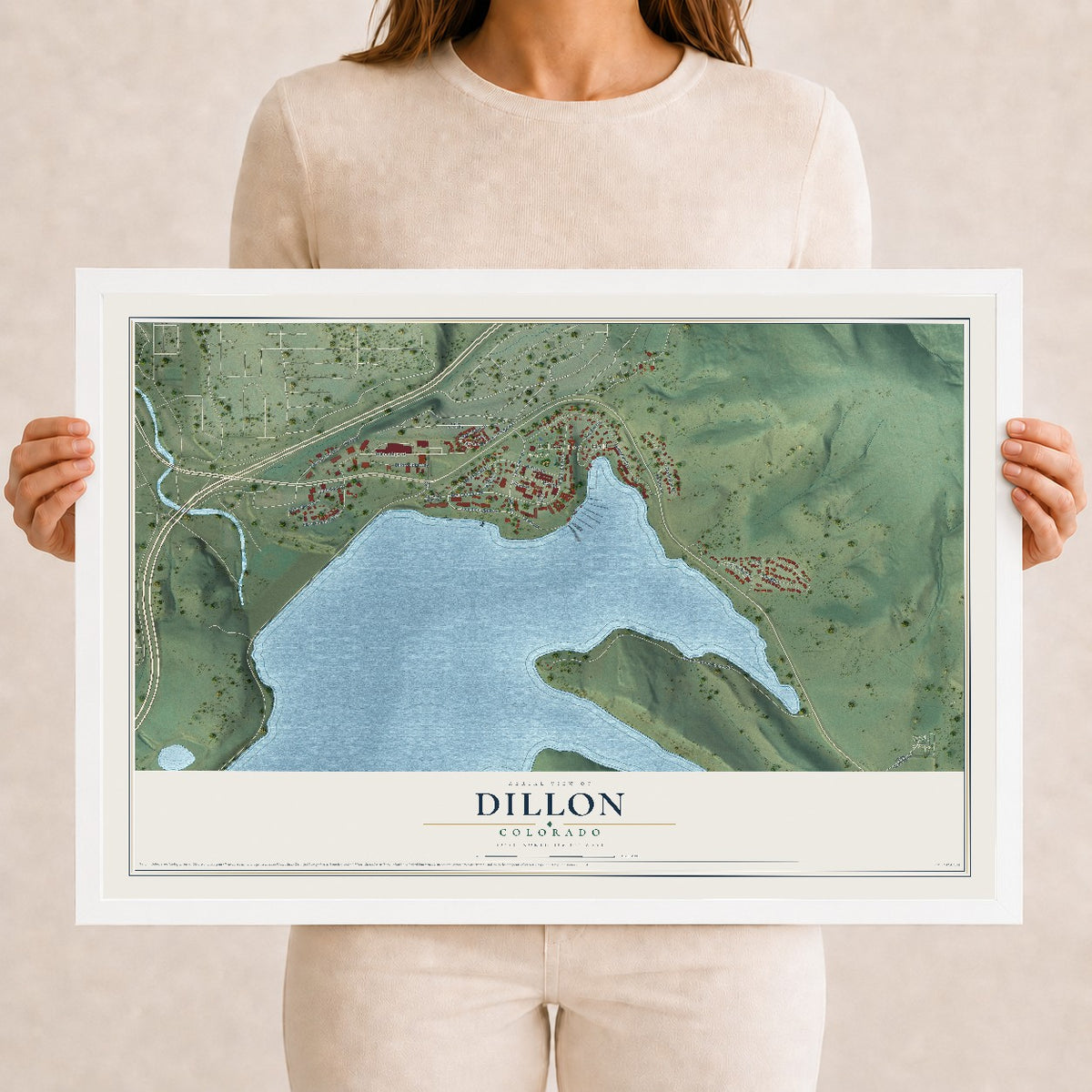 Map of Dillon, Colorado, 12 x 18 inch print in a white wood frame