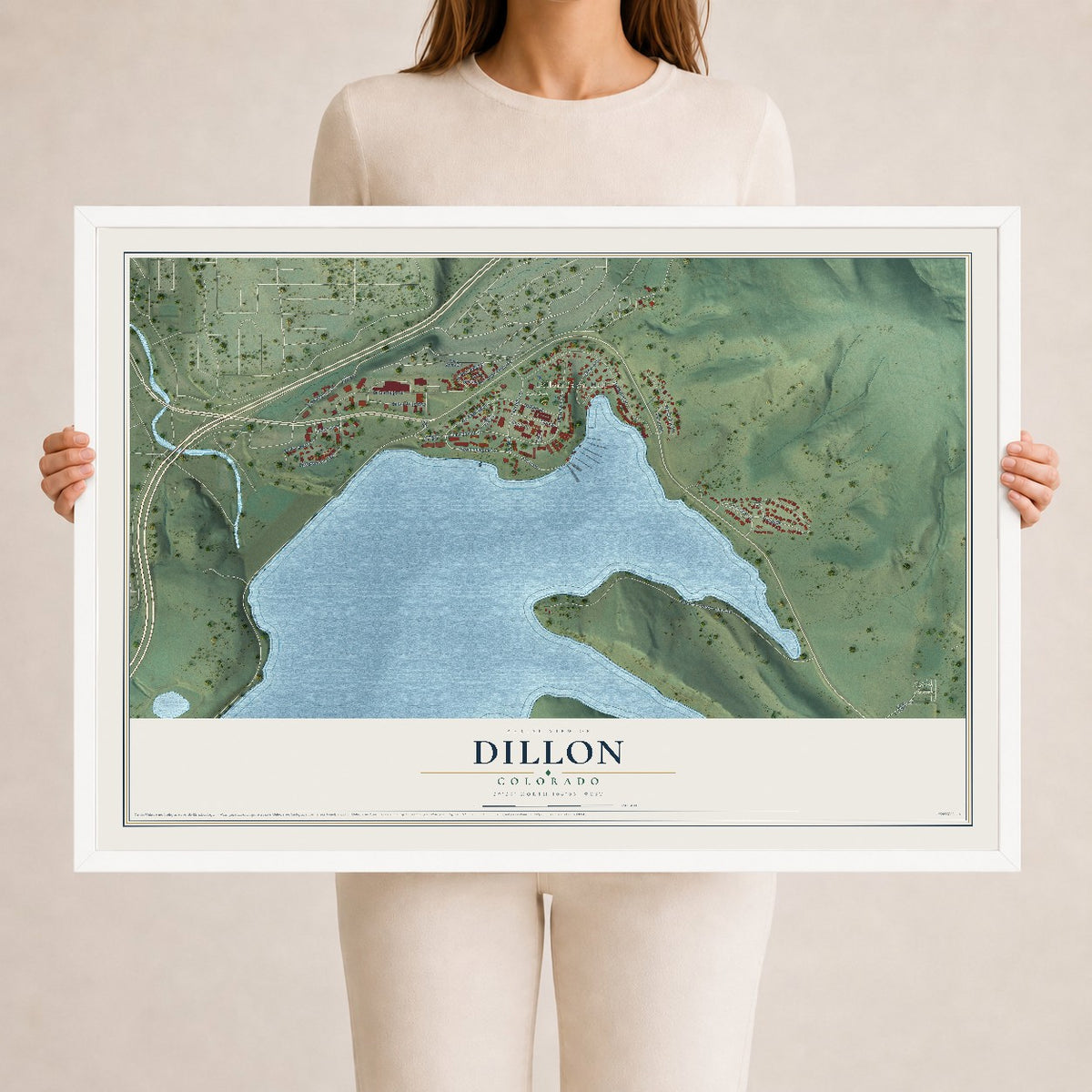 Map of Dillon, Colorado, 24 x 36 inch print in a white wood frame