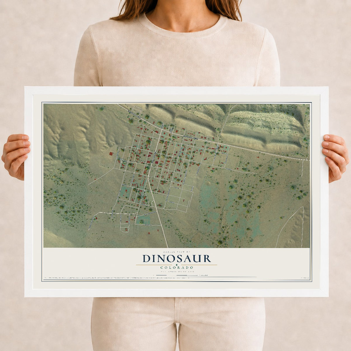 Map of Dinosaur, Colorado, 12 x 18 inch print in a white wood frame