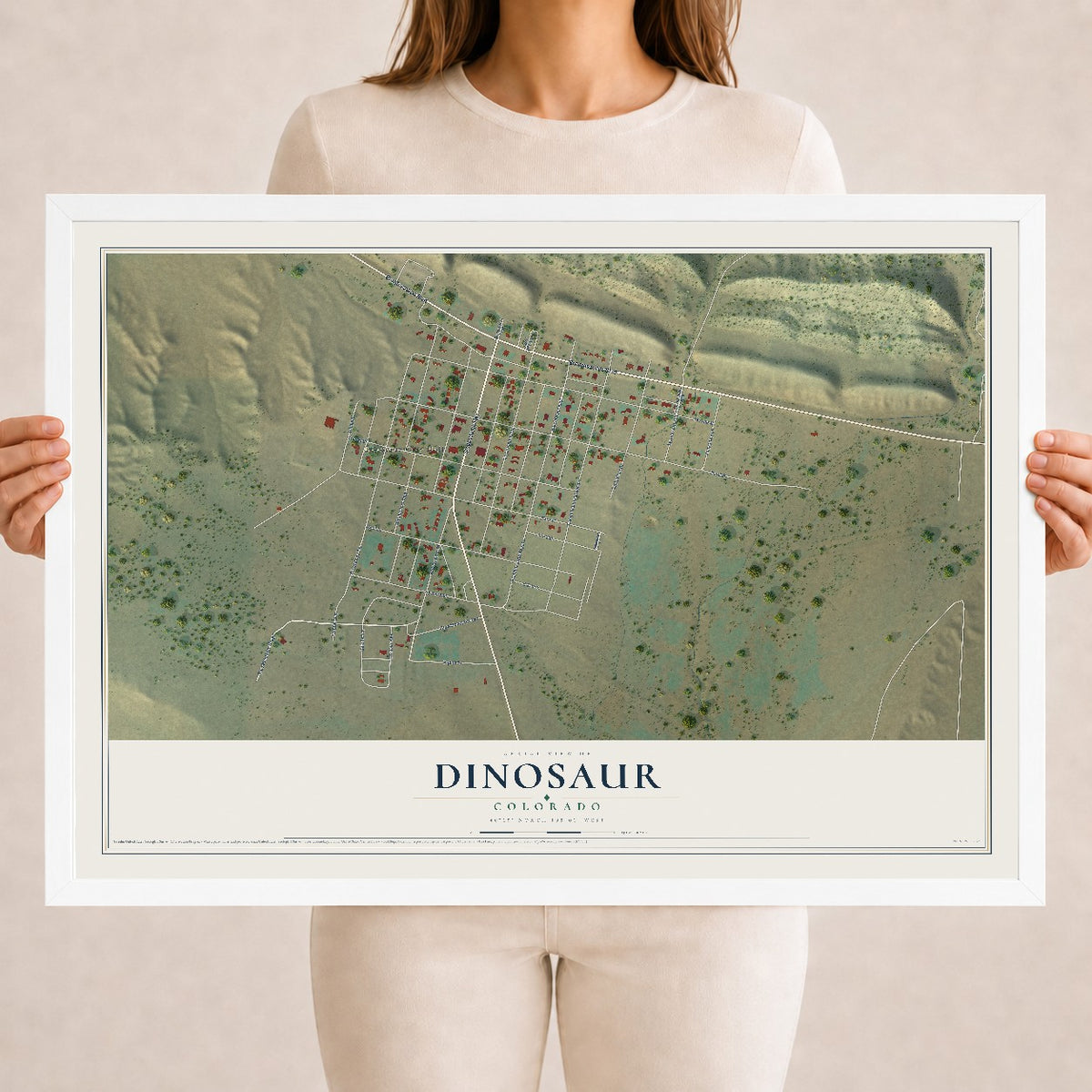 Map of Dinosaur, Colorado, 18 x 24 inch print in a white wood frame