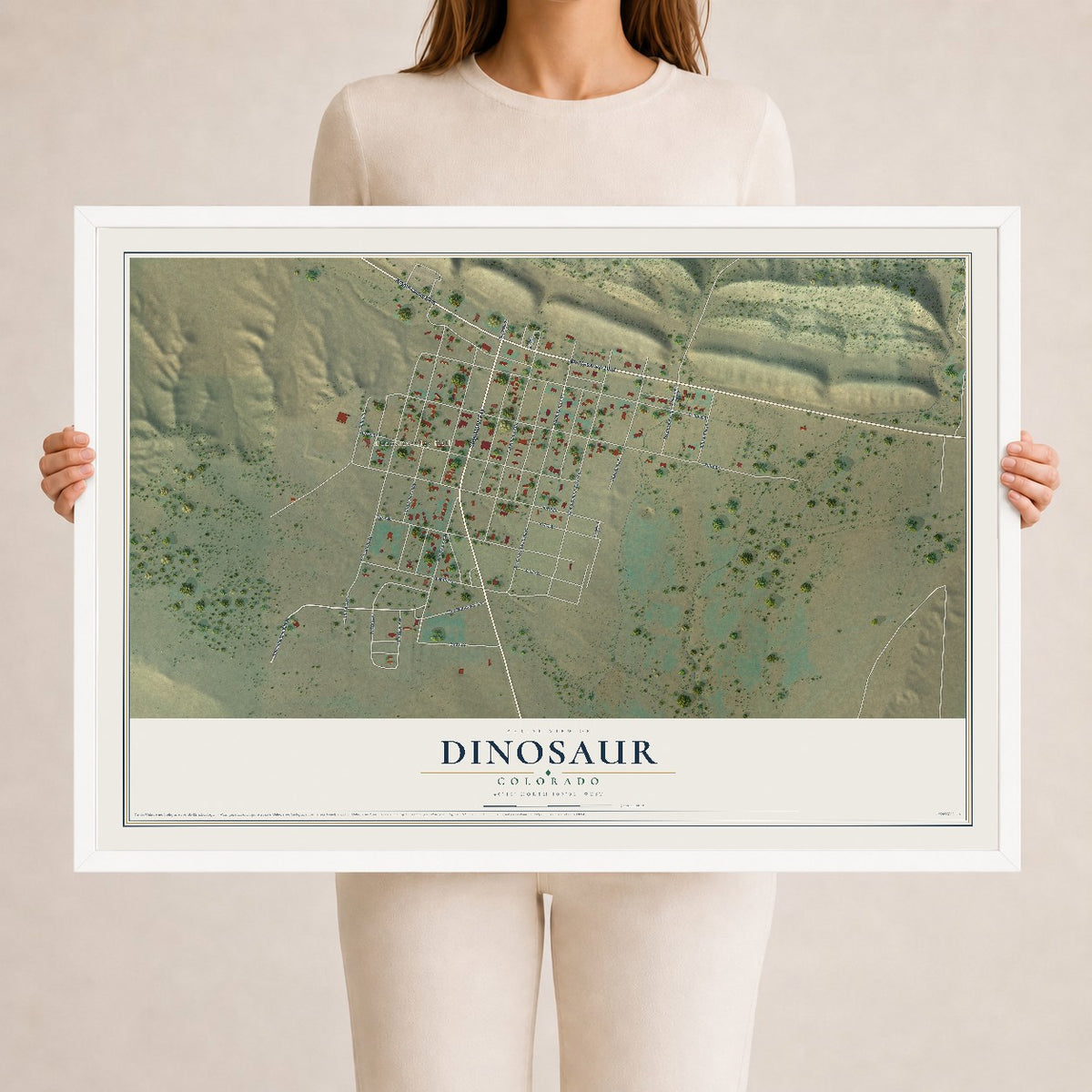 Map of Dinosaur, Colorado, 24 x 36 inch print in a white wood frame