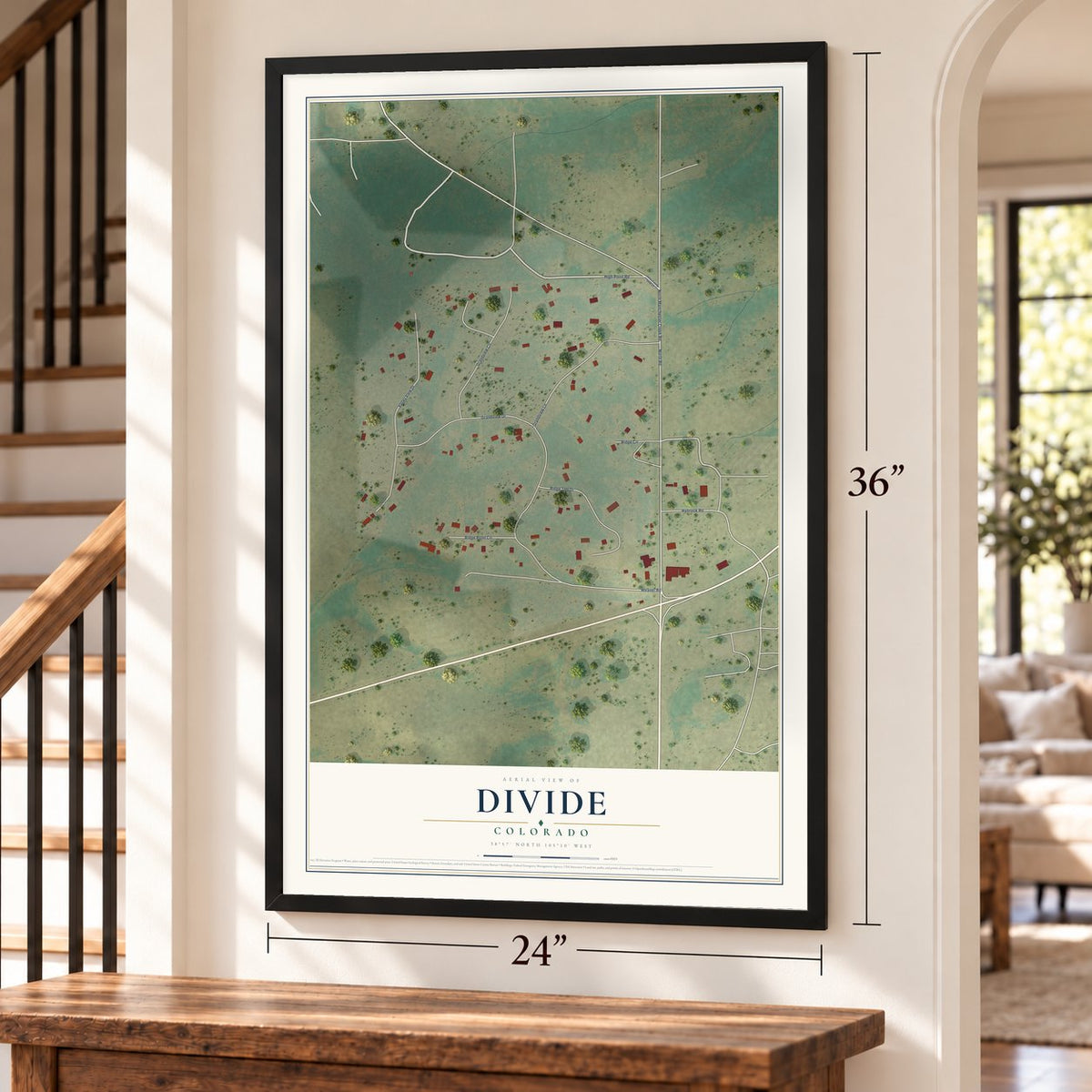 Divide, Colorado map, 24 x 36 inch print in a black frame by a staircase