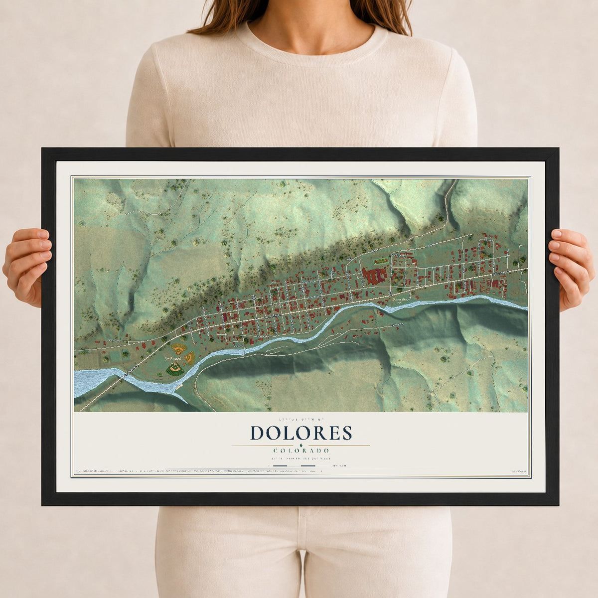 Map of Dolores, Colorado, 12 x 18 inch print in a black wood frame