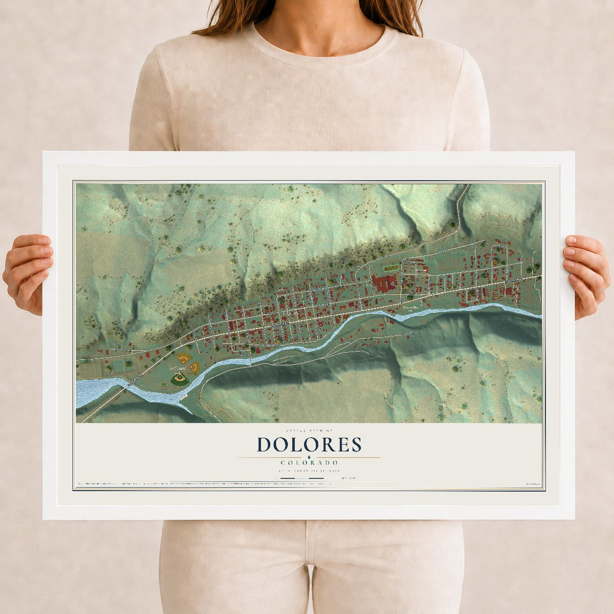 Map of Dolores, Colorado, 12 x 18 inch print in a white wood frame