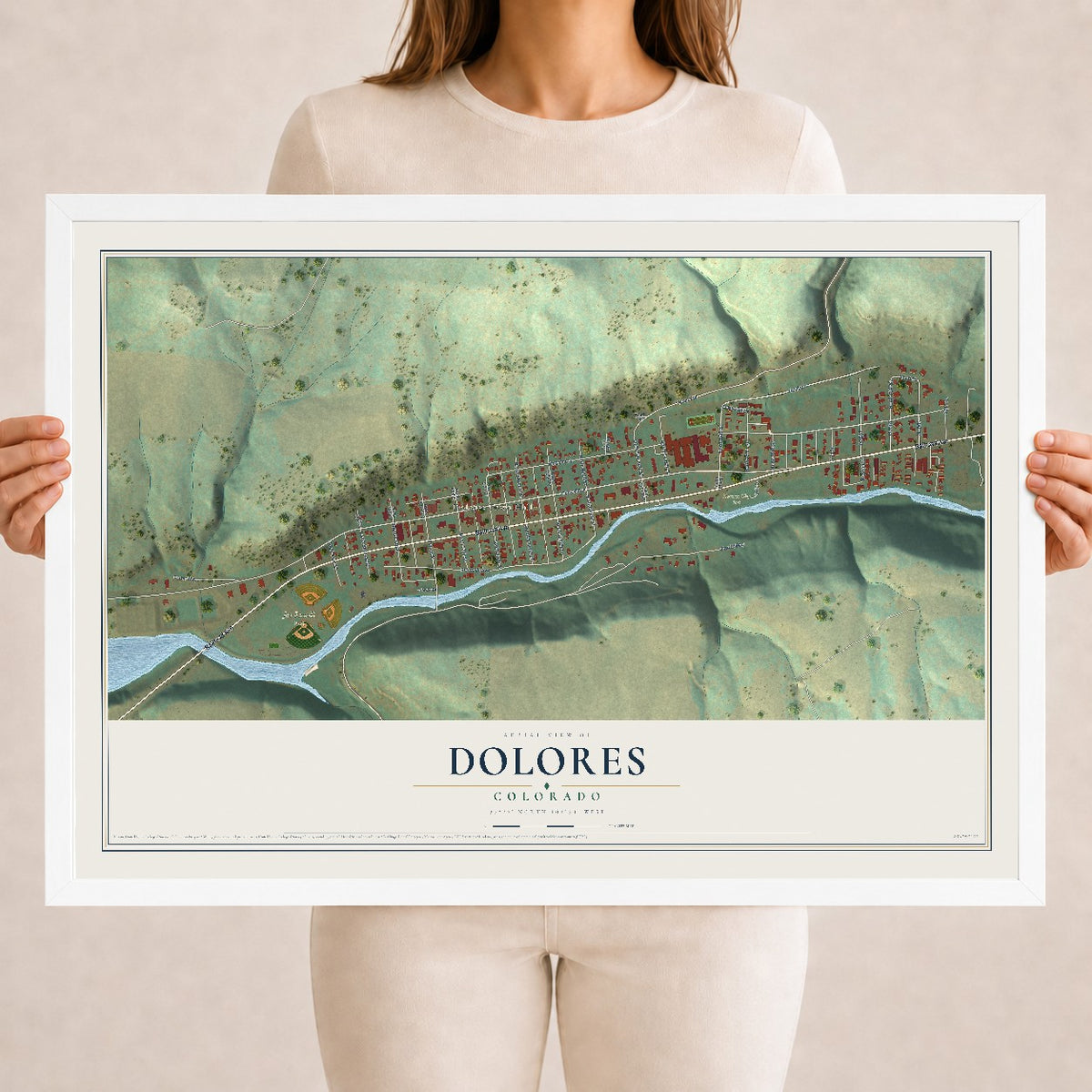 Map of Dolores, Colorado, 18 x 24 inch print in a white wood frame