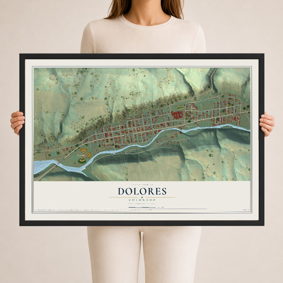 Map of Dolores, Colorado, 24 x 36 inch print in a black wood frame