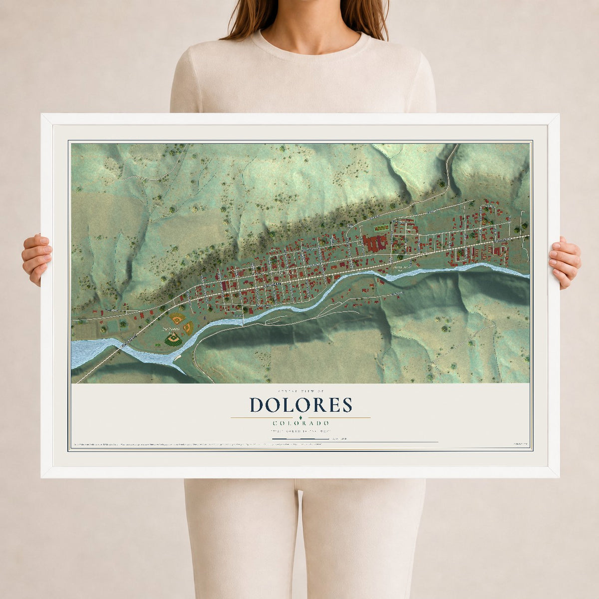 Map of Dolores, Colorado, 24 x 36 inch print in a white wood frame