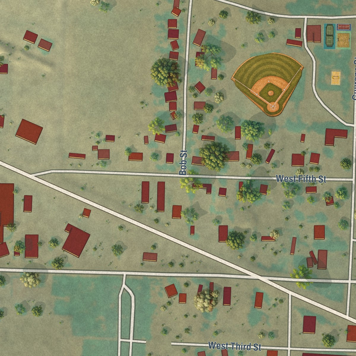 Second close-up of the map of Dove Creek, Colorado print showing more streets and buildings