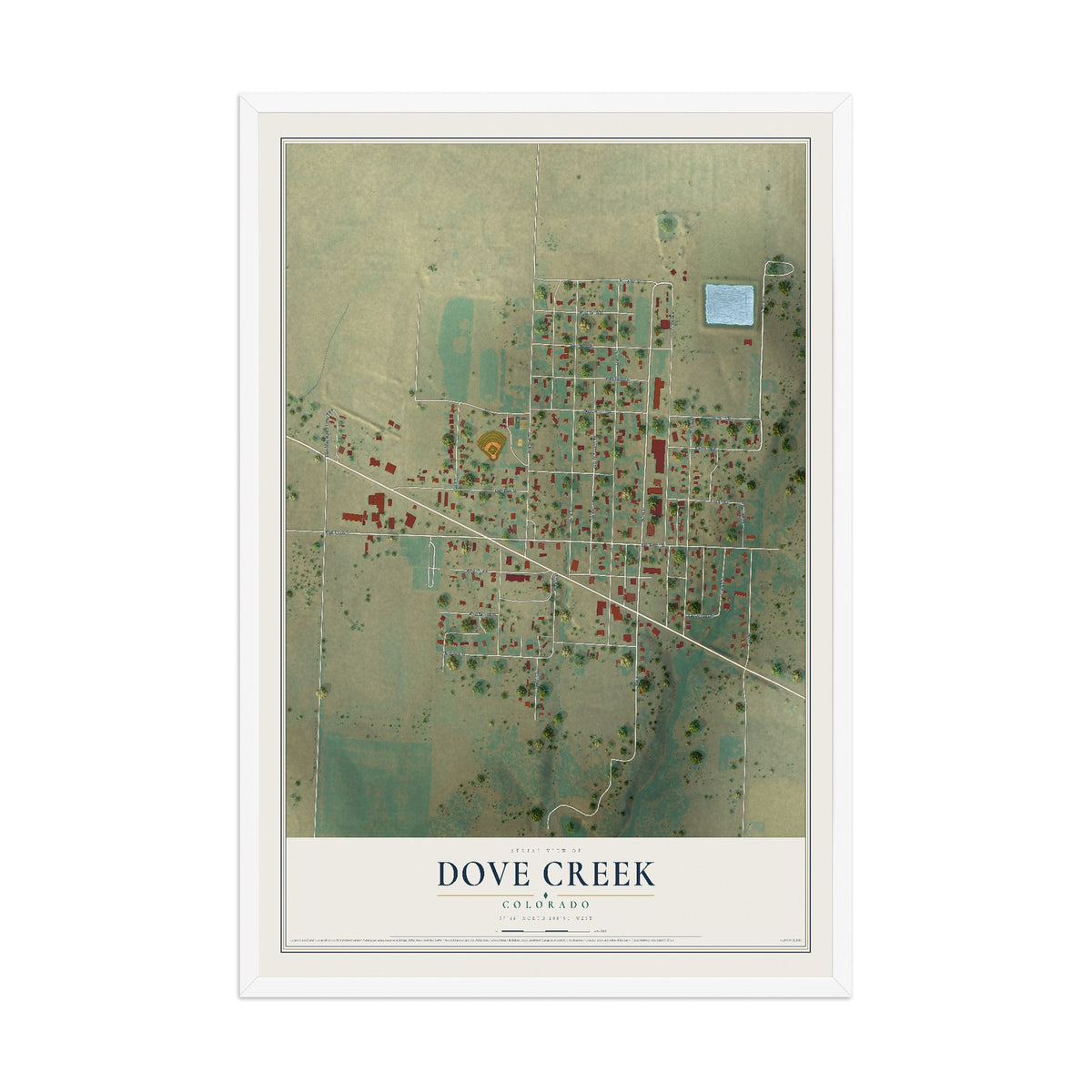 Map of Dove Creek, Colorado, 12 x 18 inch print in a white wood frame