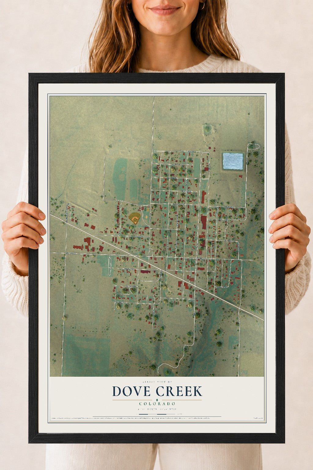 Map of Dove Creek, Colorado, 18 x 24 inch print in a black wood frame