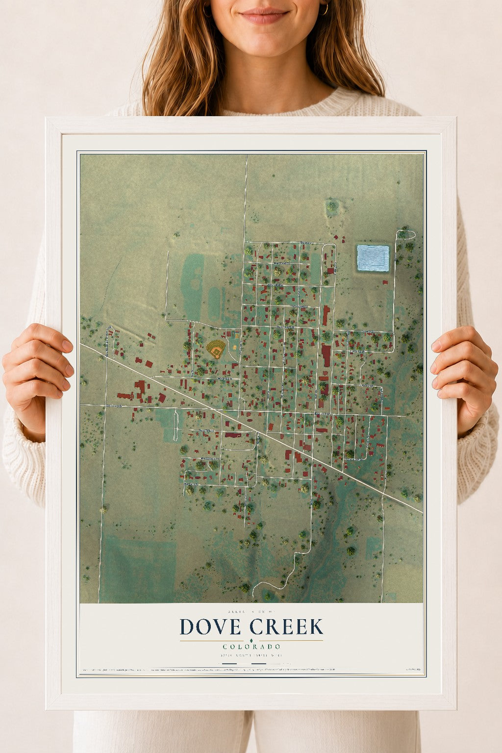 Map of Dove Creek, Colorado, 18 x 24 inch print in a white wood frame