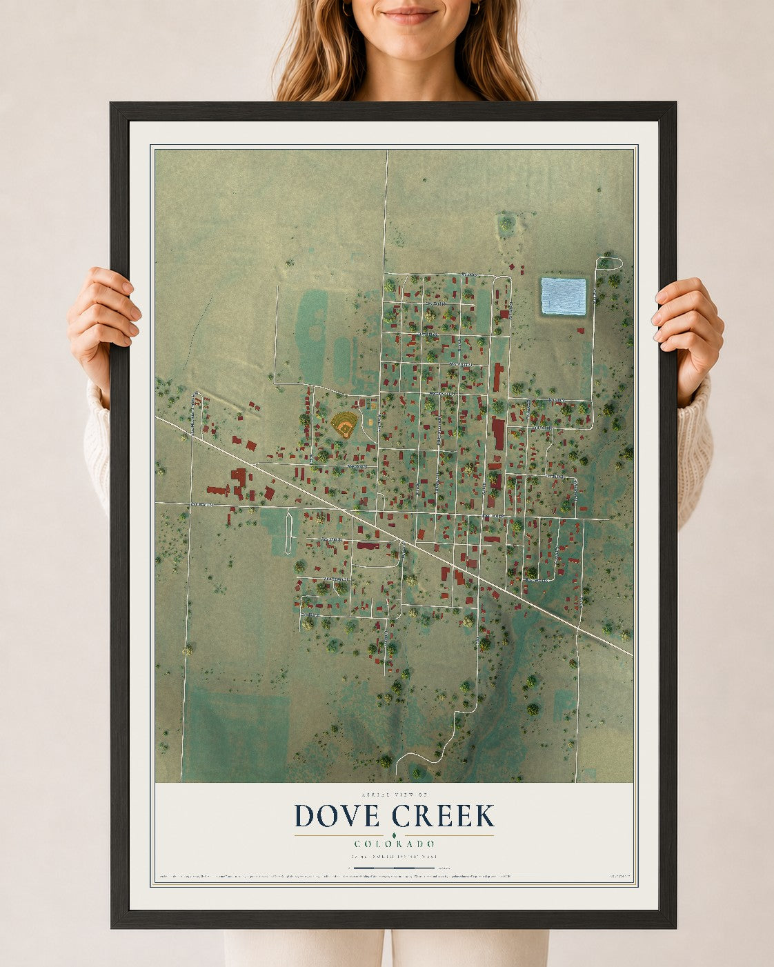 Map of Dove Creek, Colorado, 24 x 36 inch print in a black wood frame