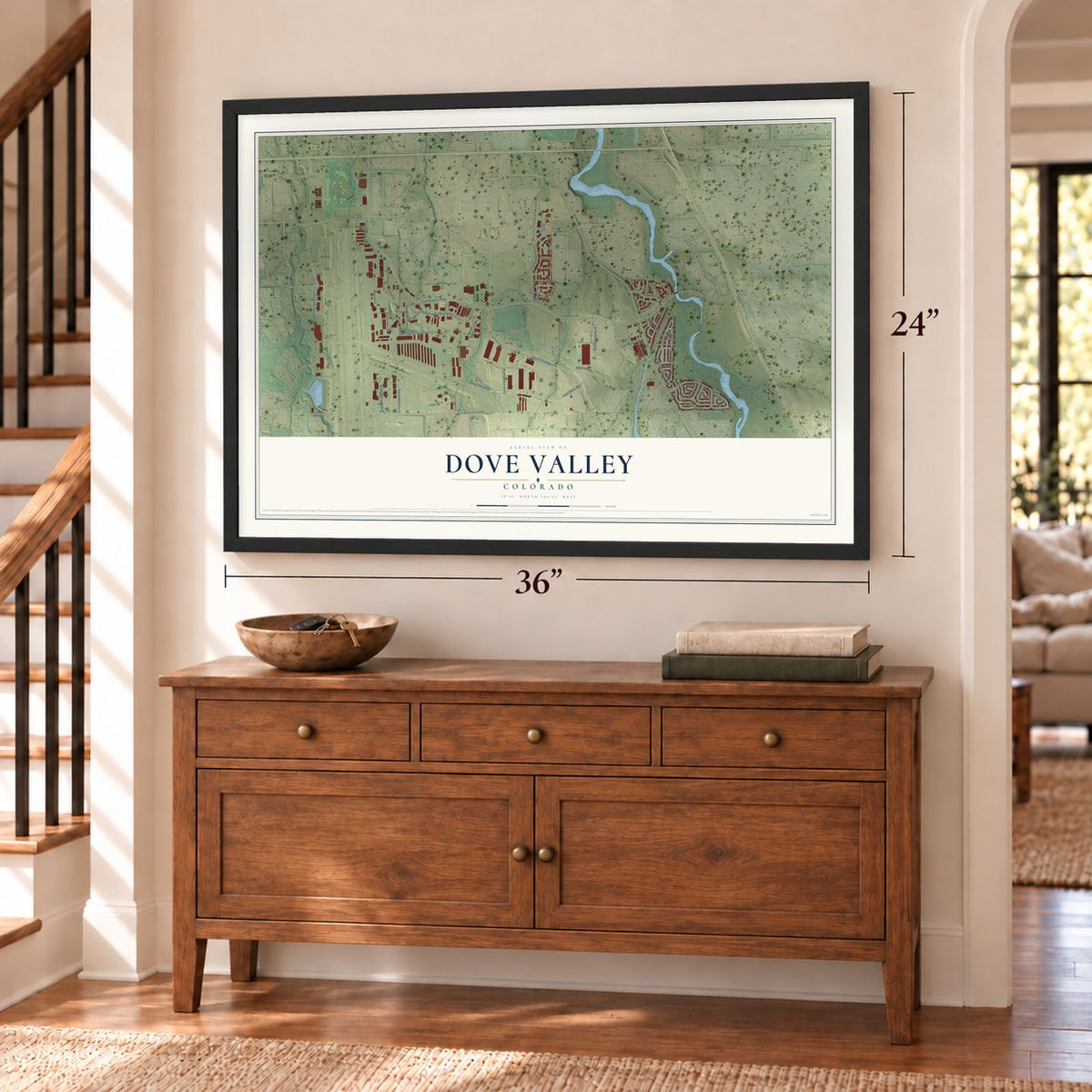 Dove Valley, Colorado map, 24 x 36 inch print in a black frame above a dresser by a staircase