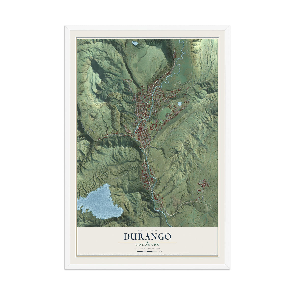 Map of Durango, Colorado, 12 x 18 inch print in a white wood frame