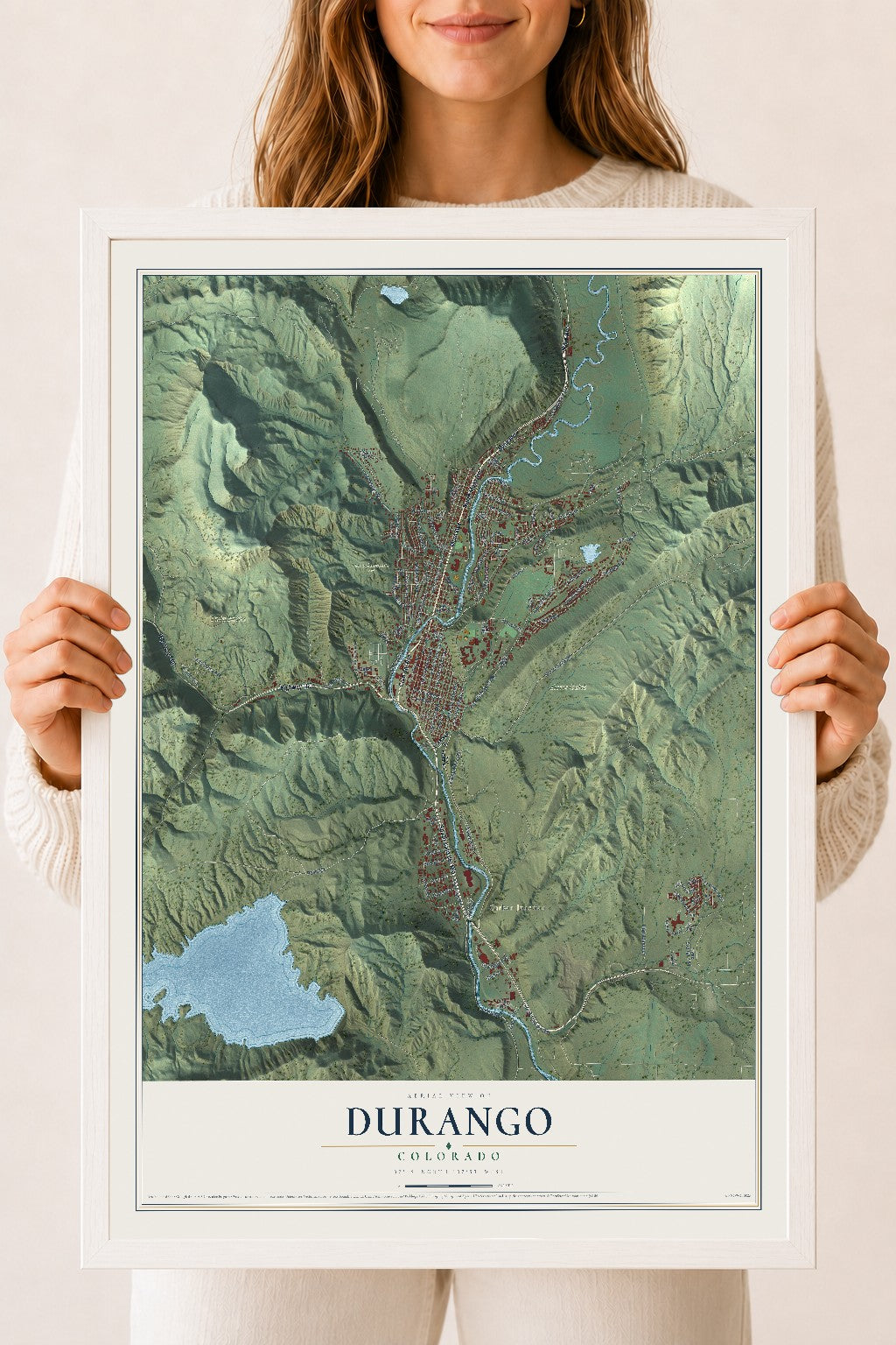 Map of Durango, Colorado, 18 x 24 inch print in a white wood frame