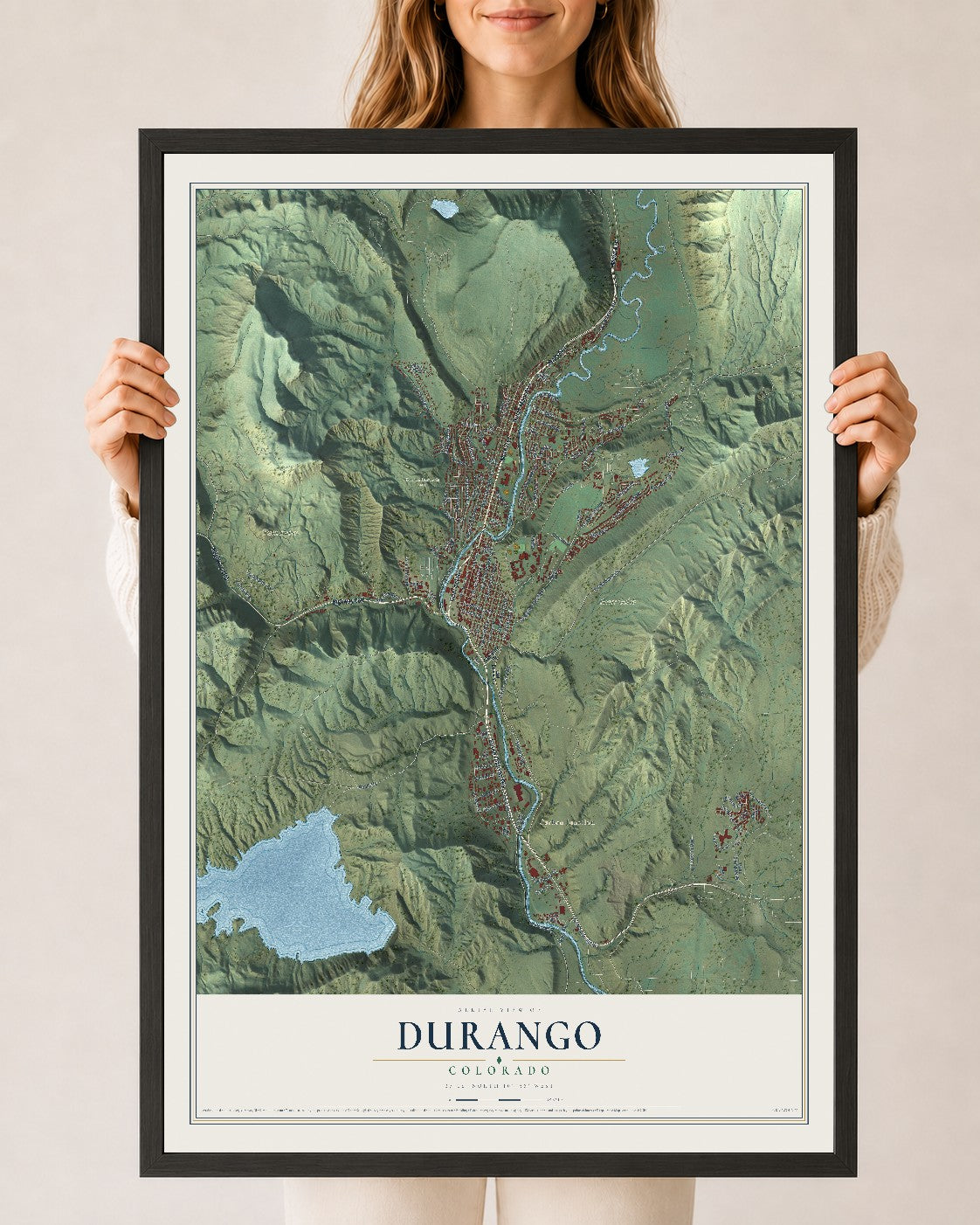 Map of Durango, Colorado, 24 x 36 inch print in a black wood frame