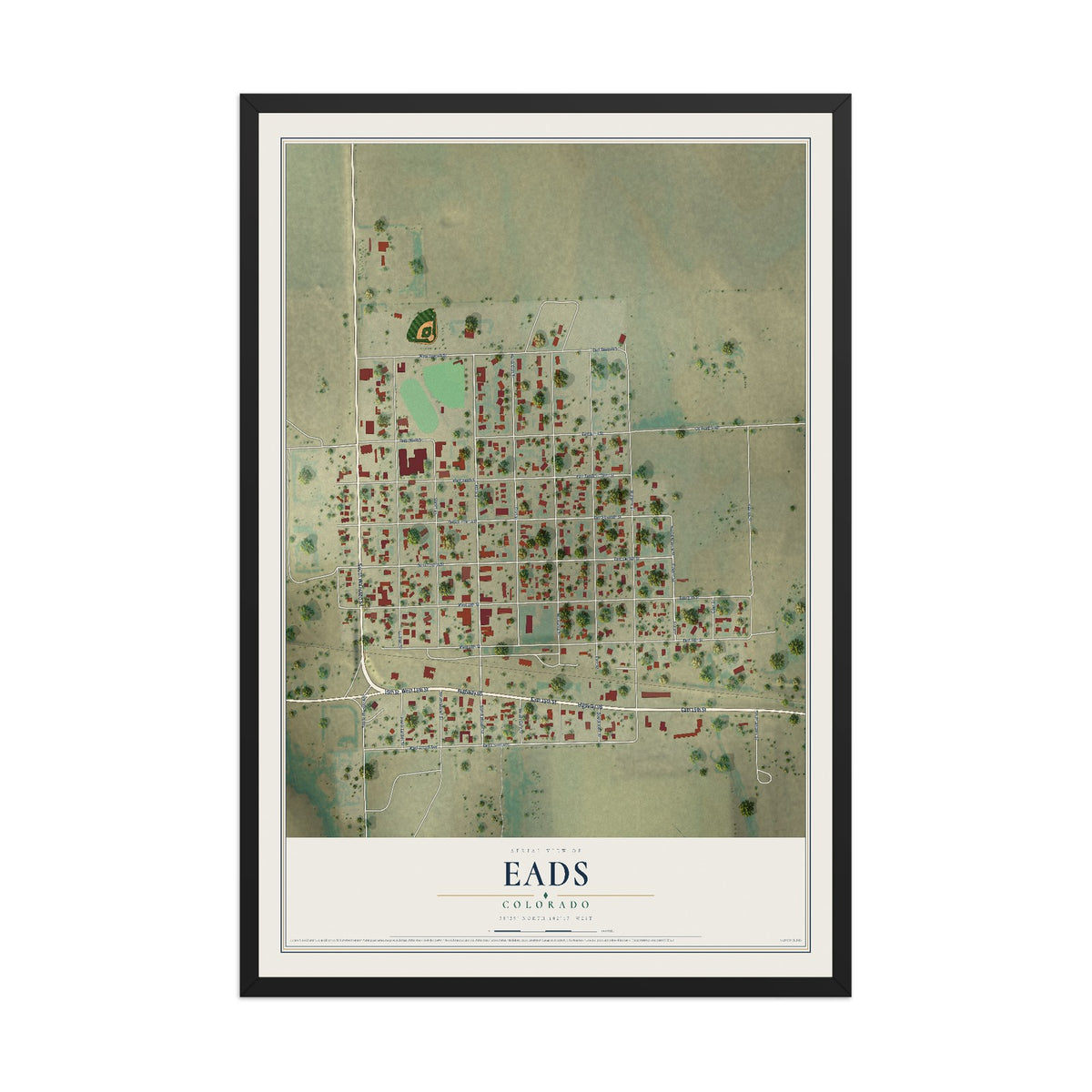 Map of Eads, Colorado, 12 x 18 inch print in a black wood frame