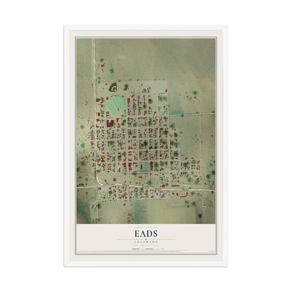 Map of Eads, Colorado, 12 x 18 inch print in a white wood frame