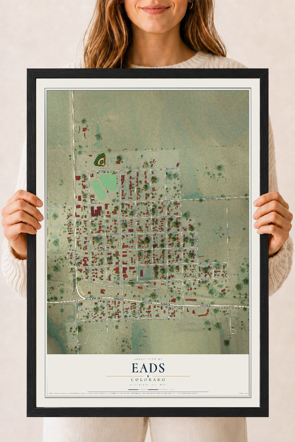 Map of Eads, Colorado, 18 x 24 inch print in a black wood frame