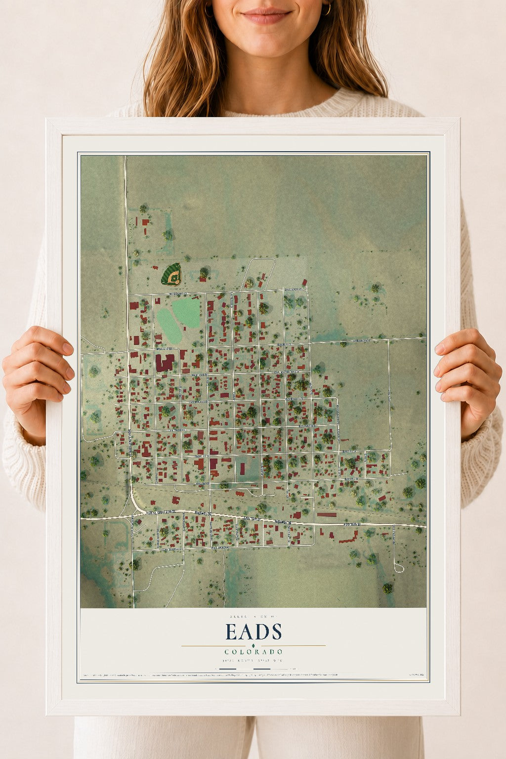 Map of Eads, Colorado, 18 x 24 inch print in a white wood frame