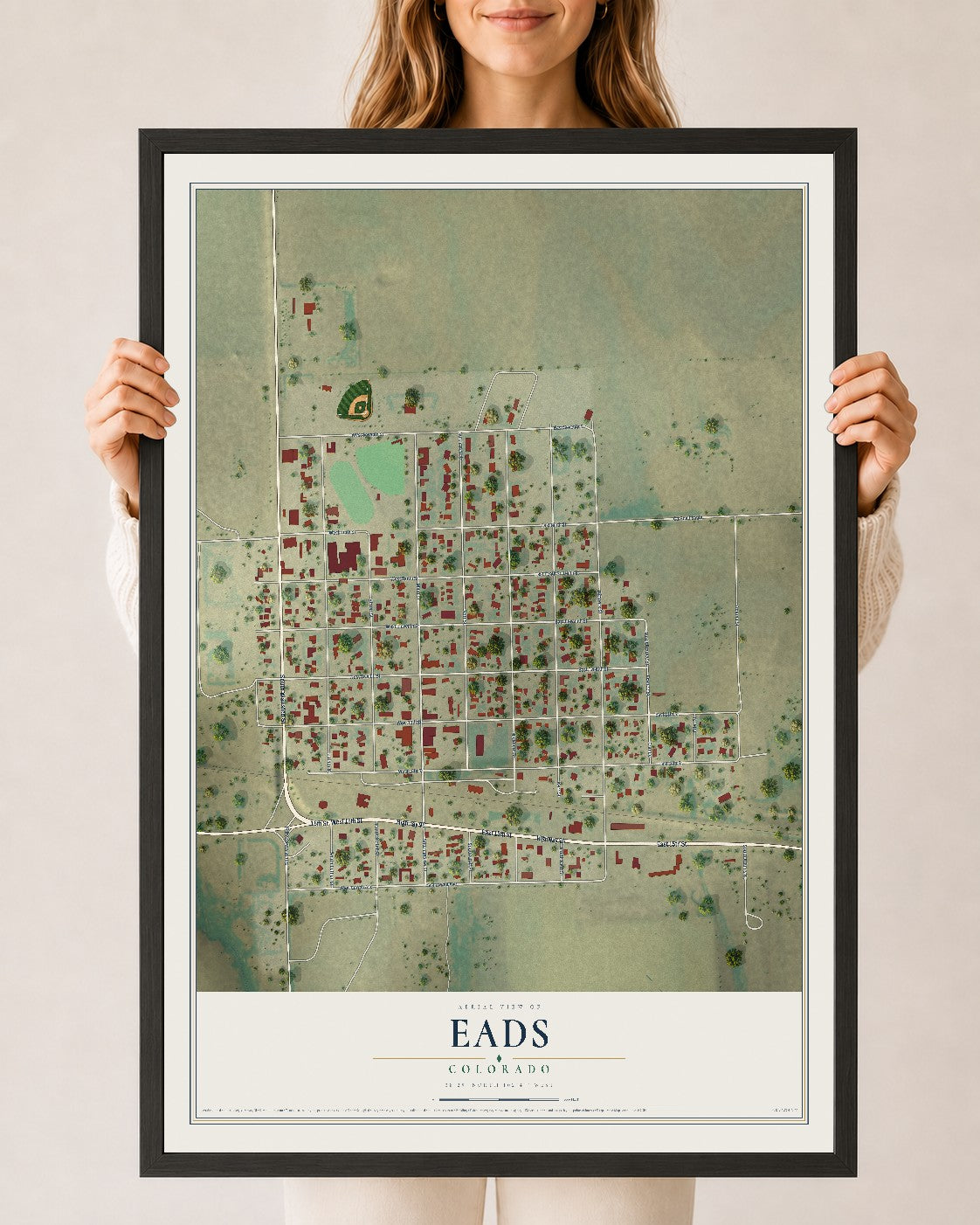 Map of Eads, Colorado, 24 x 36 inch print in a black wood frame
