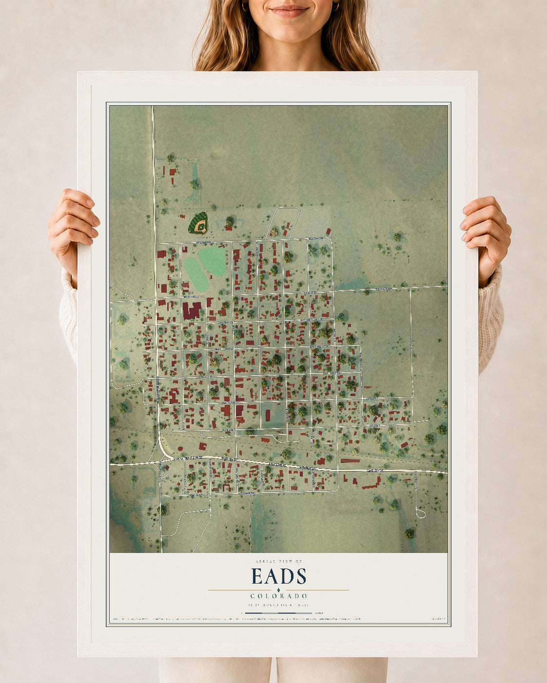 Map of Eads, Colorado, 24 x 36 inch print in a white wood frame