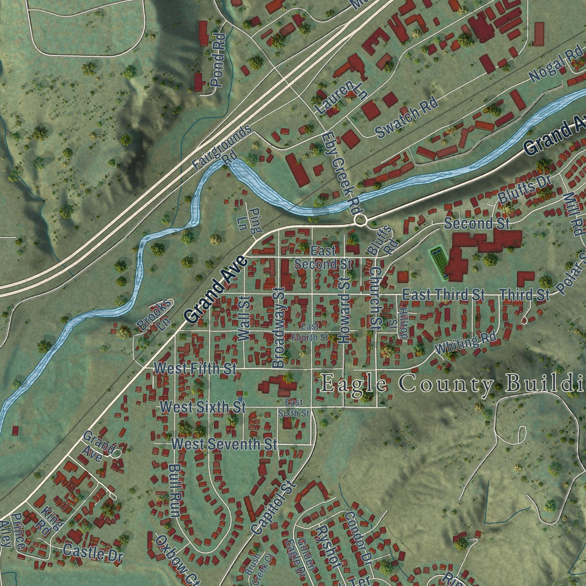 Close-up of the map of Eagle, Colorado print showing street and building detail