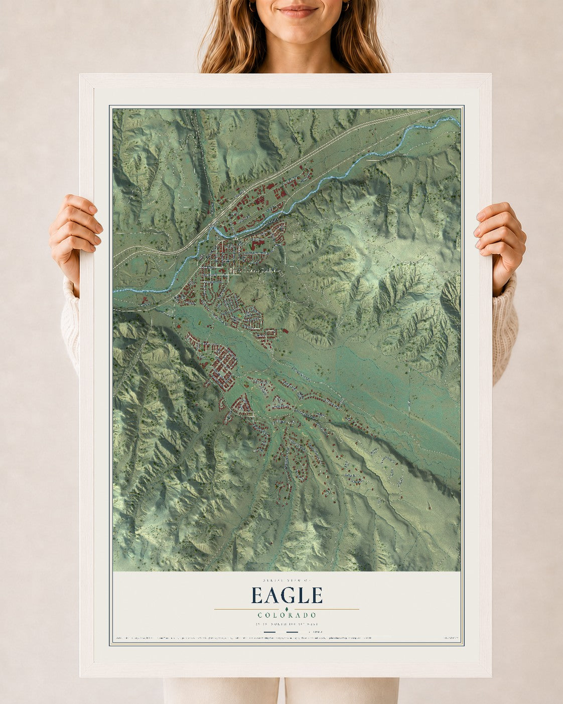 Map of Eagle, Colorado, 24 x 36 inch print in a white wood frame