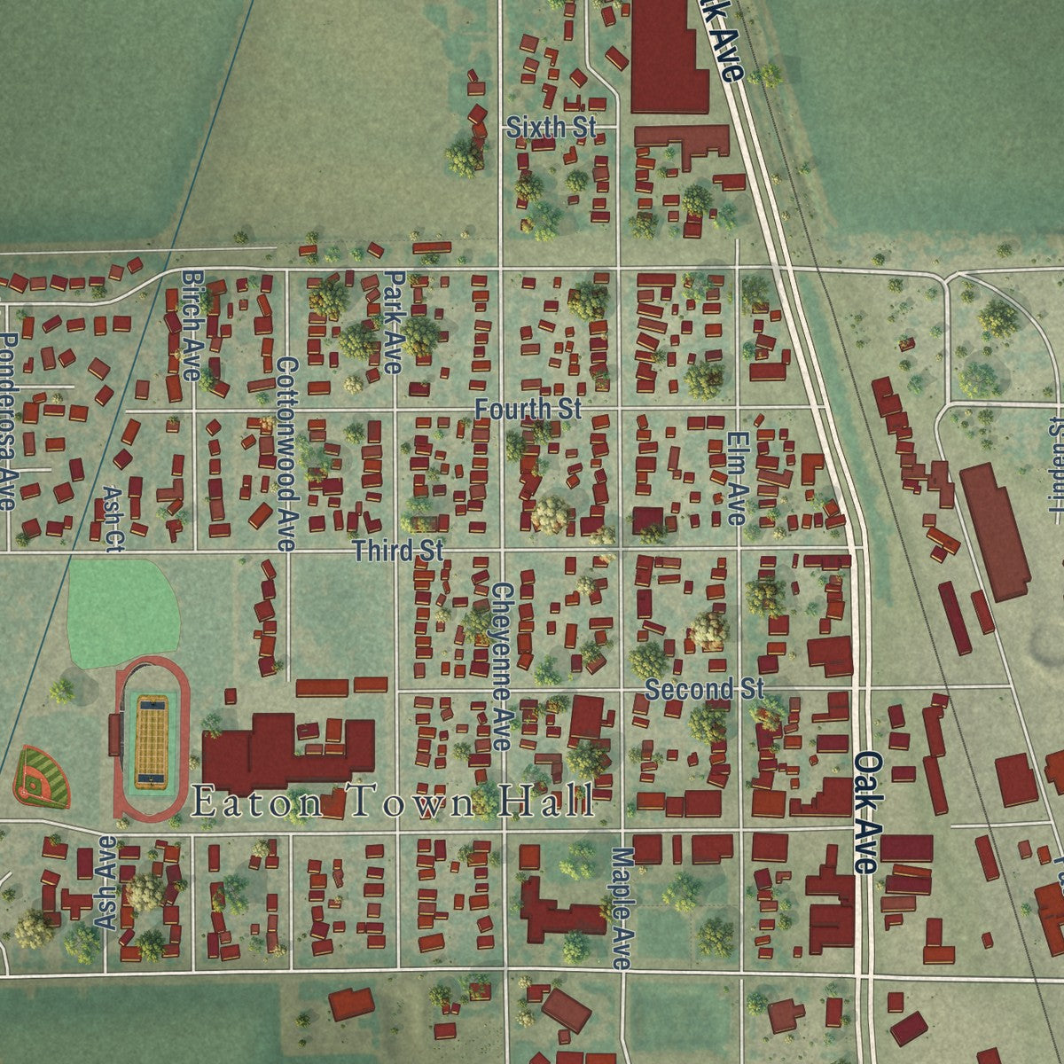 Close-up of the map of Eaton, Colorado print showing street and building detail