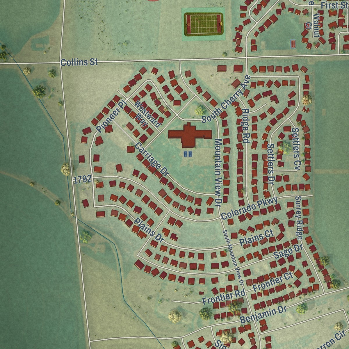 Second close-up of the map of Eaton, Colorado print showing more streets and buildings