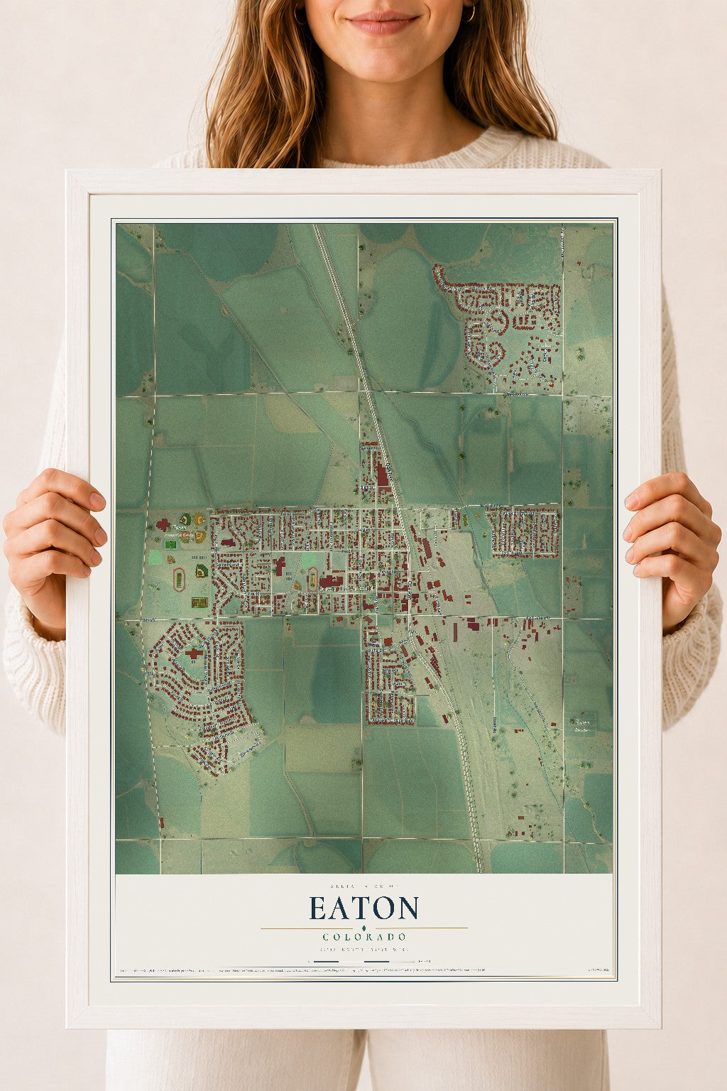 Map of Eaton, Colorado, 18 x 24 inch print in a white wood frame