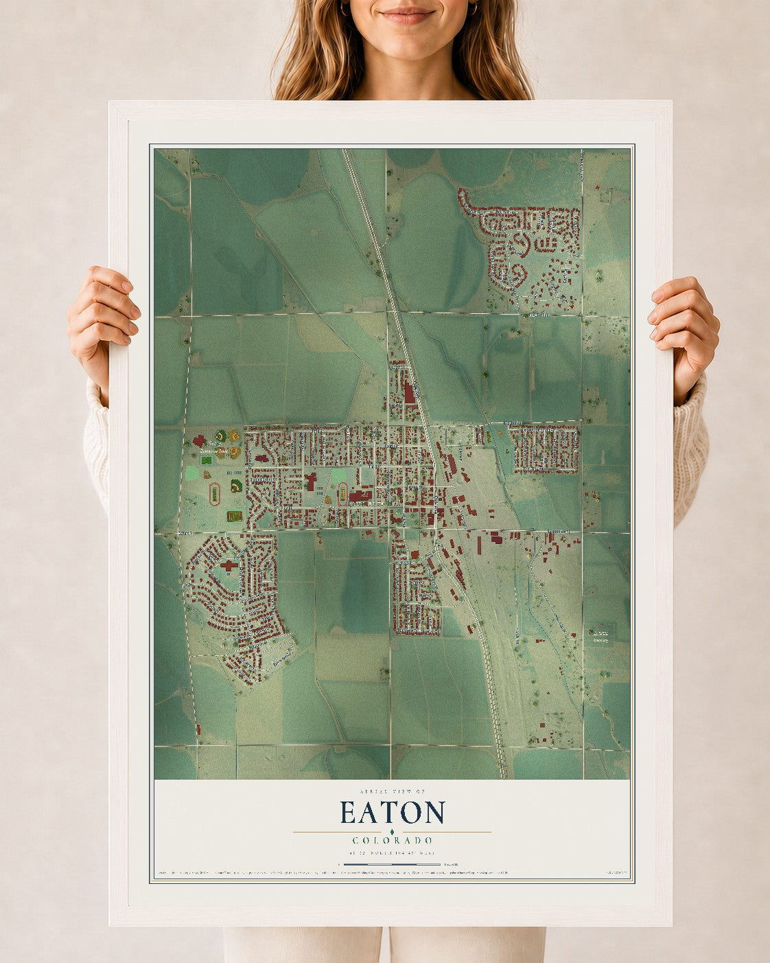 Map of Eaton, Colorado, 24 x 36 inch print in a white wood frame