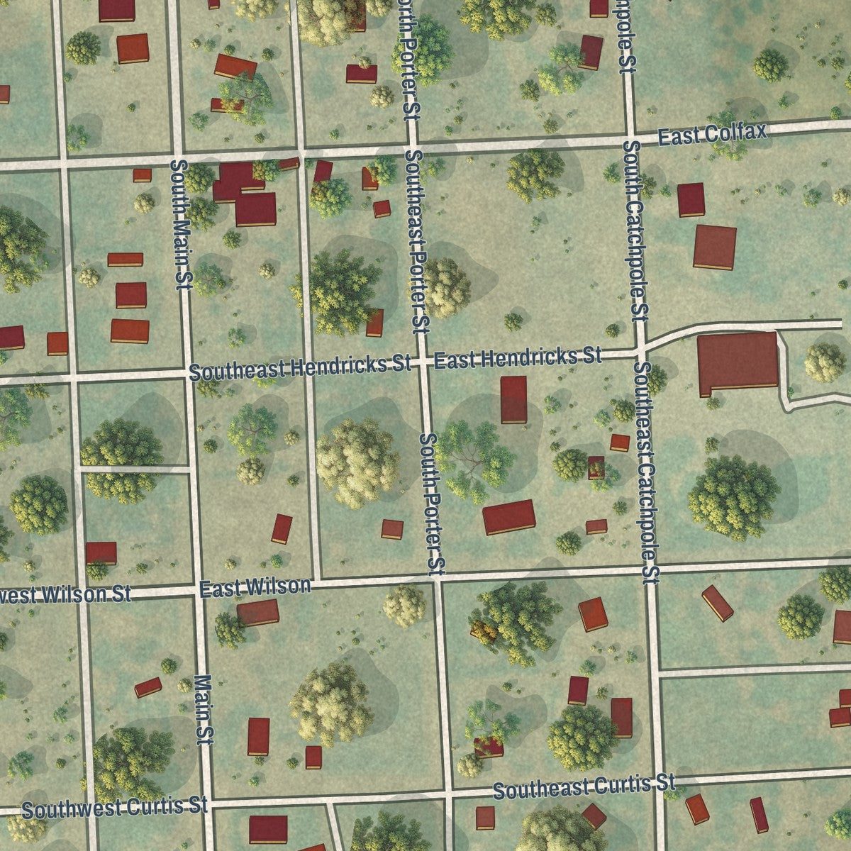 Close-up of the map of Eckley, Colorado print showing street and building detail