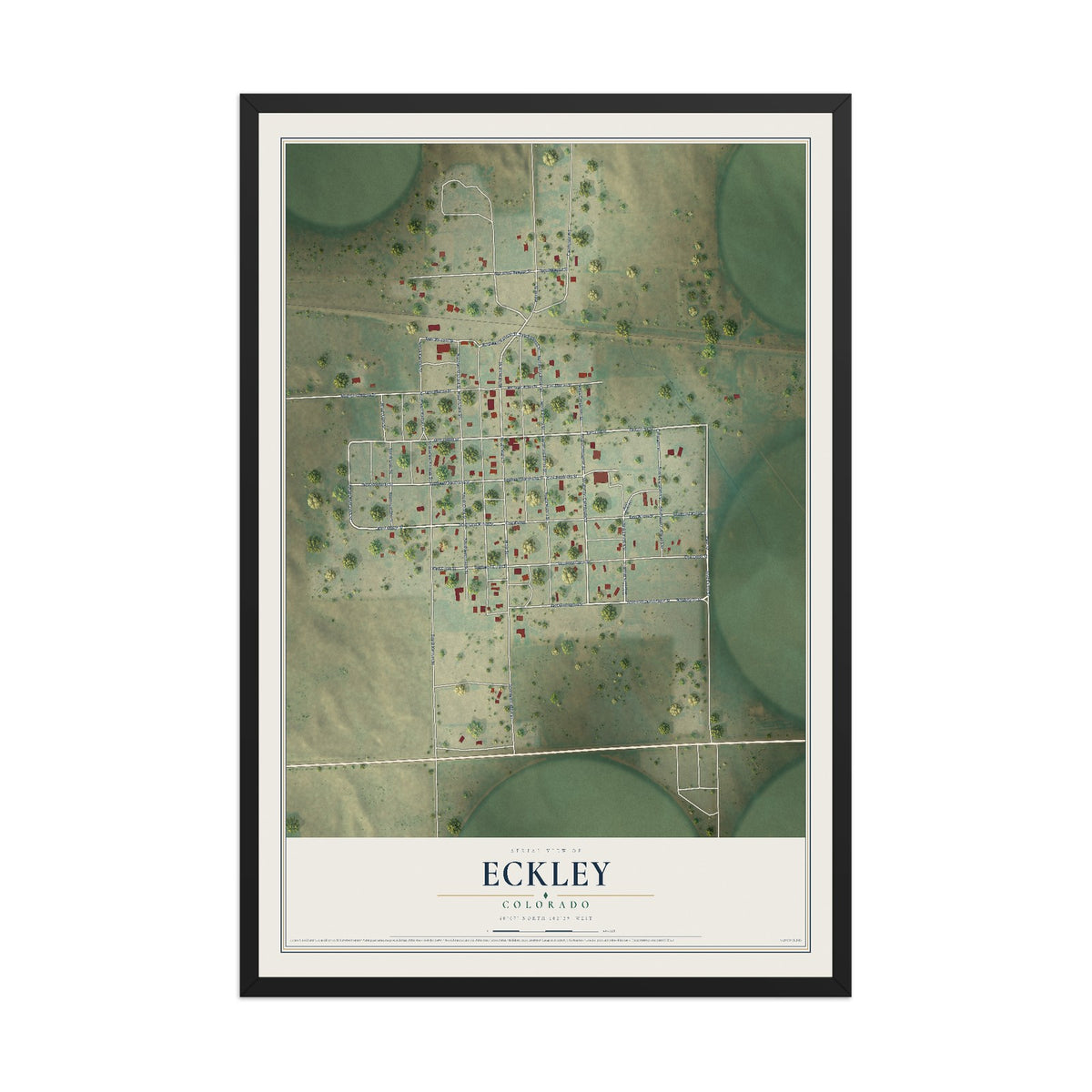 Map of Eckley, Colorado, 12 x 18 inch print in a black wood frame