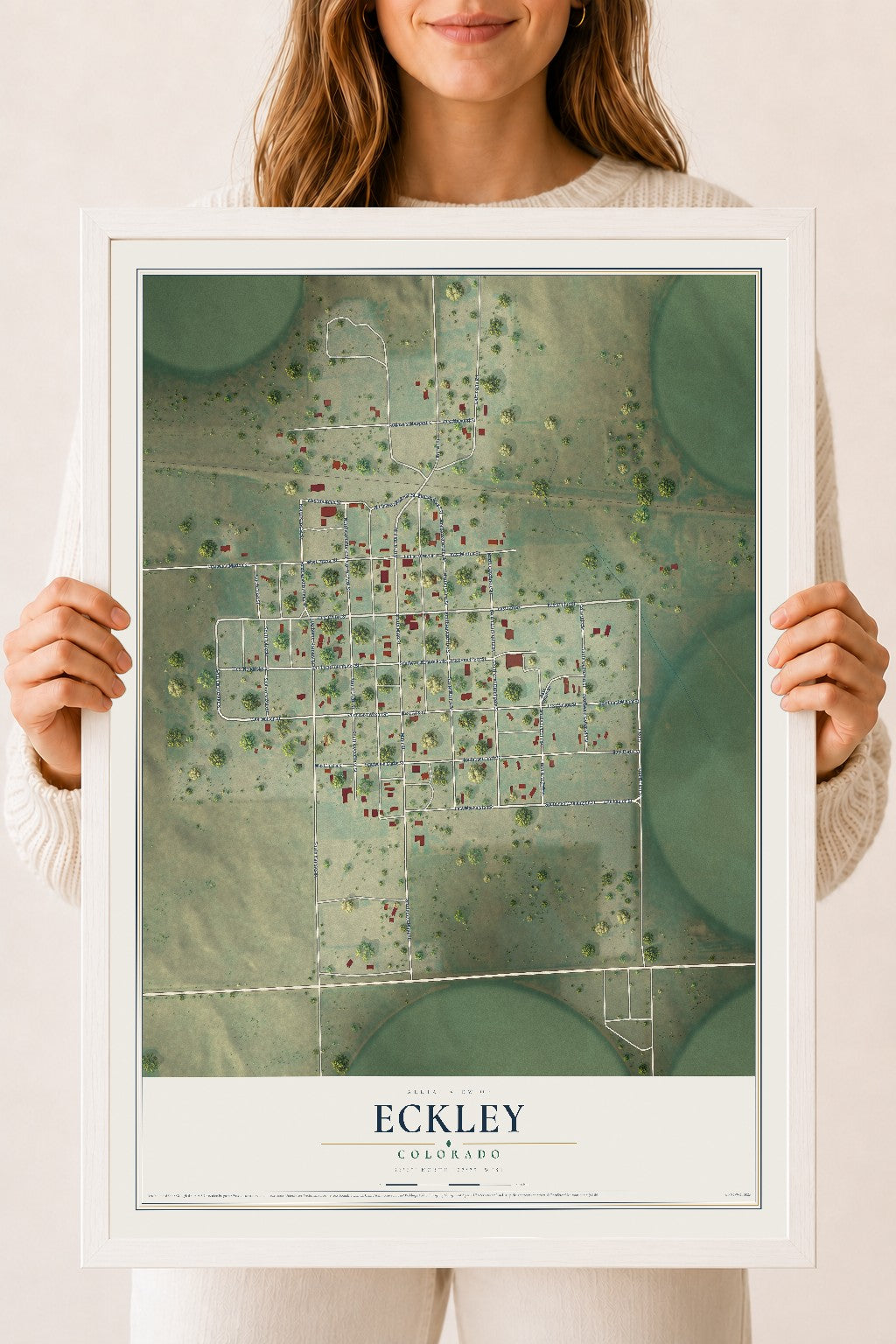 Map of Eckley, Colorado, 18 x 24 inch print in a white wood frame